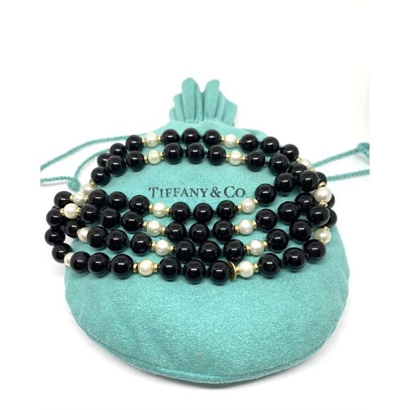 TIFFANY & CO. 585 14K YELLOW GOLD w/ BLACK ONYX & PEARL BEADED NECKLACE, 30 INCH